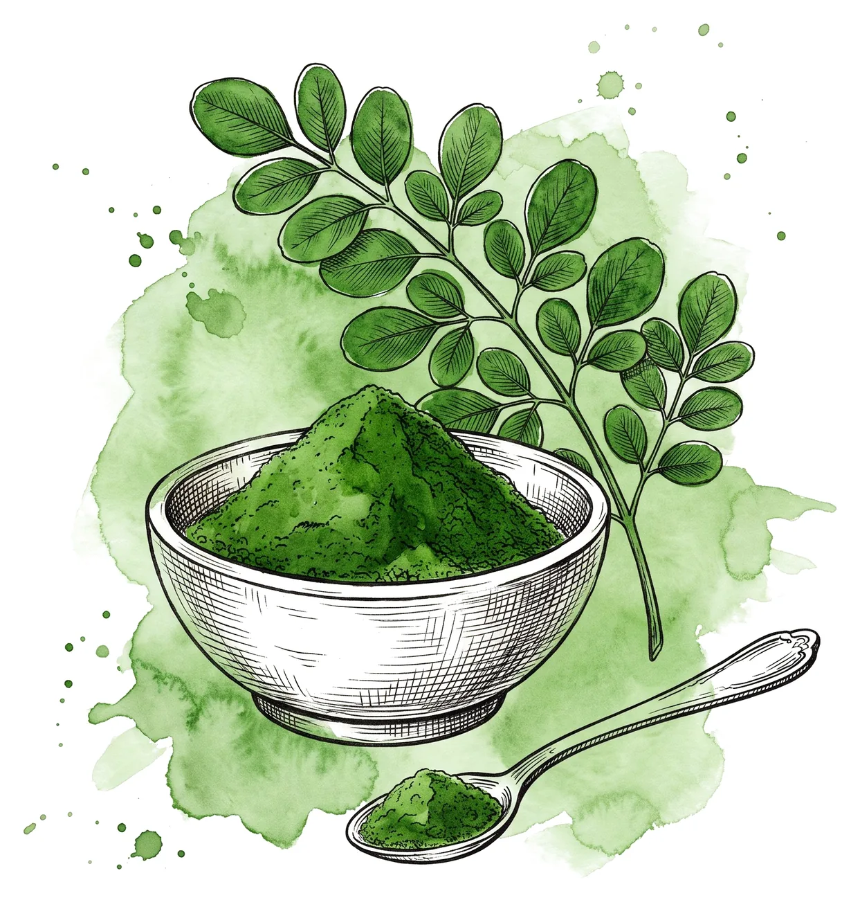 Bowl of moringa leaf powder with spoon, painterly illustration