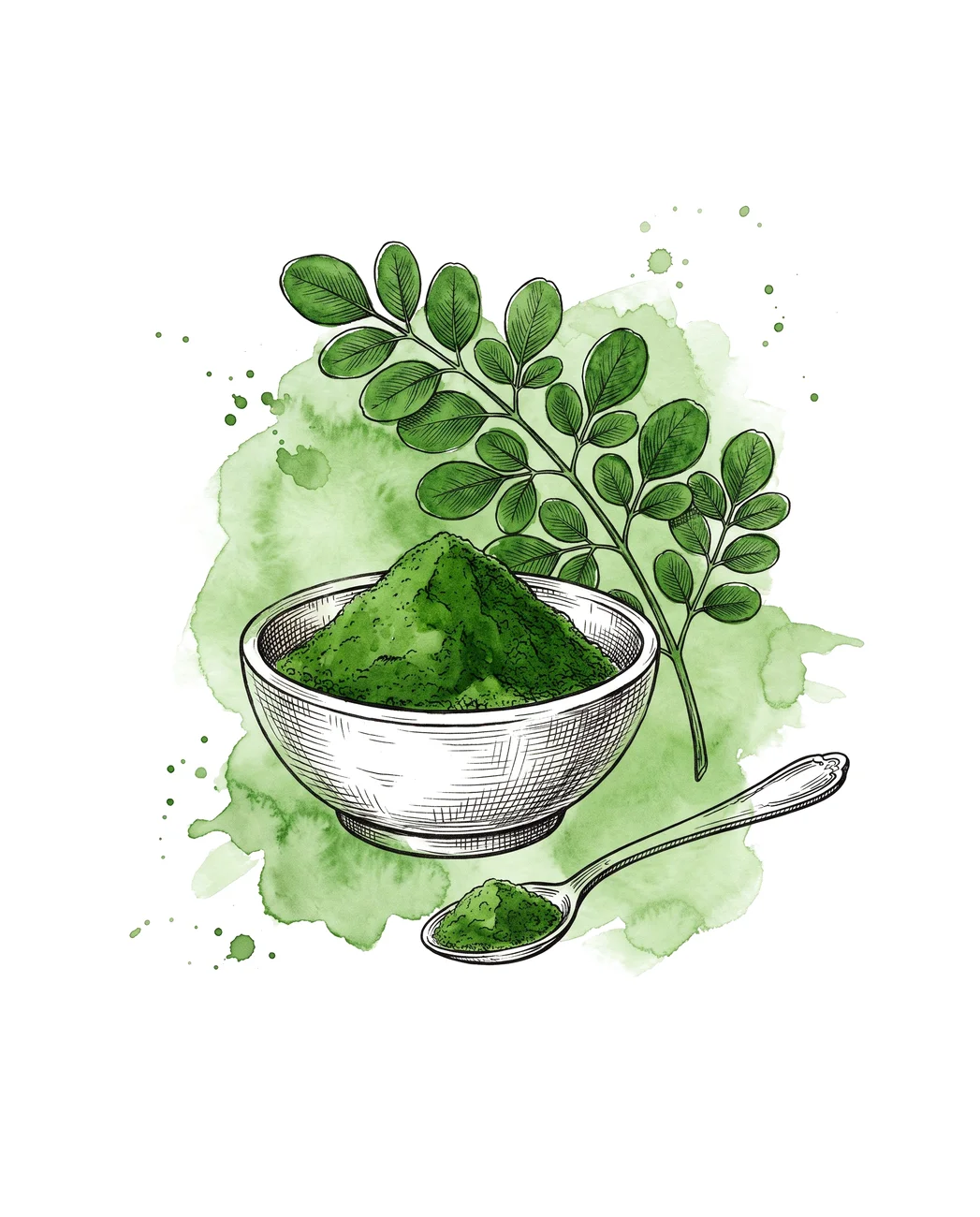 Bowl of moringa leaf powder with spoon, painterly illustration