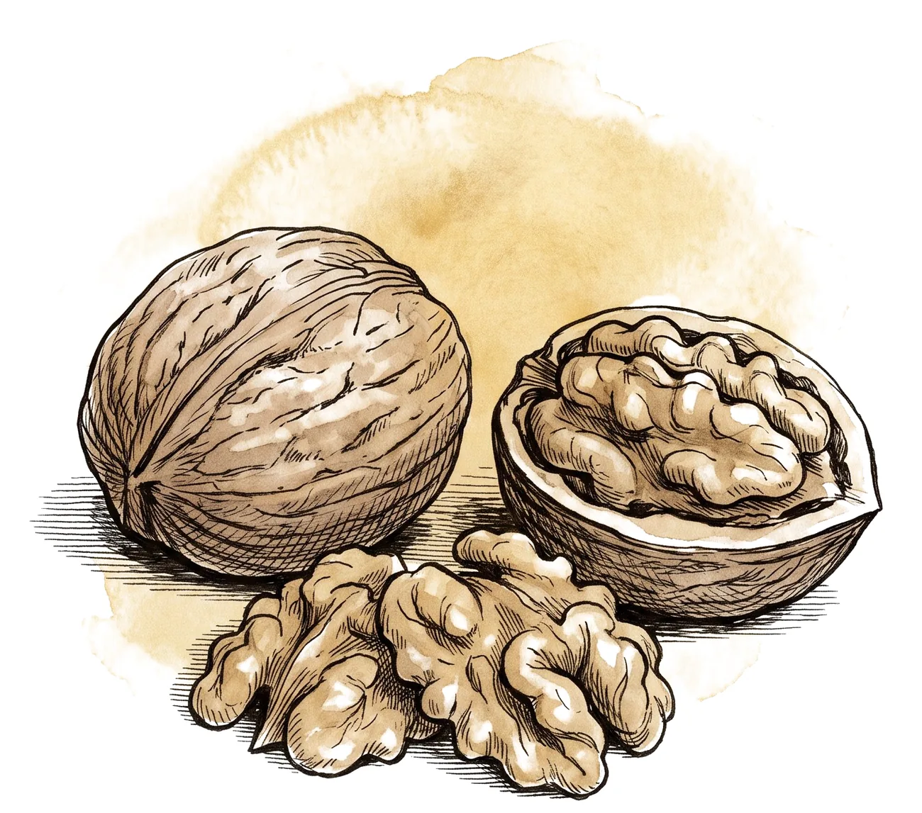 Kashmiri walnuts, painterly illustration