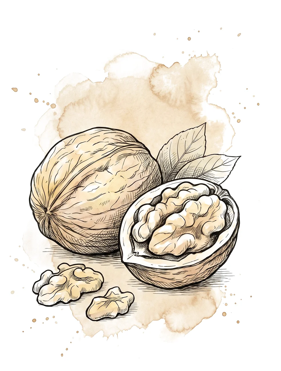 Kashmiri walnuts, painterly illustration